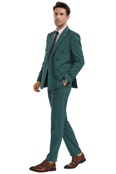 "Men's Slim Fit Pinstripe Suit - Double Breasted Bold Gangster in Hunter Green"