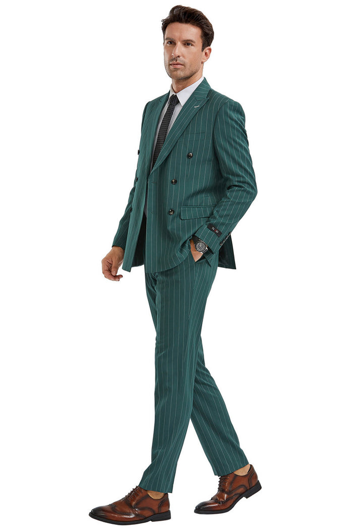 "Men's Slim Fit Pinstripe Suit - Double Breasted Bold Gangster in Hunter Green"