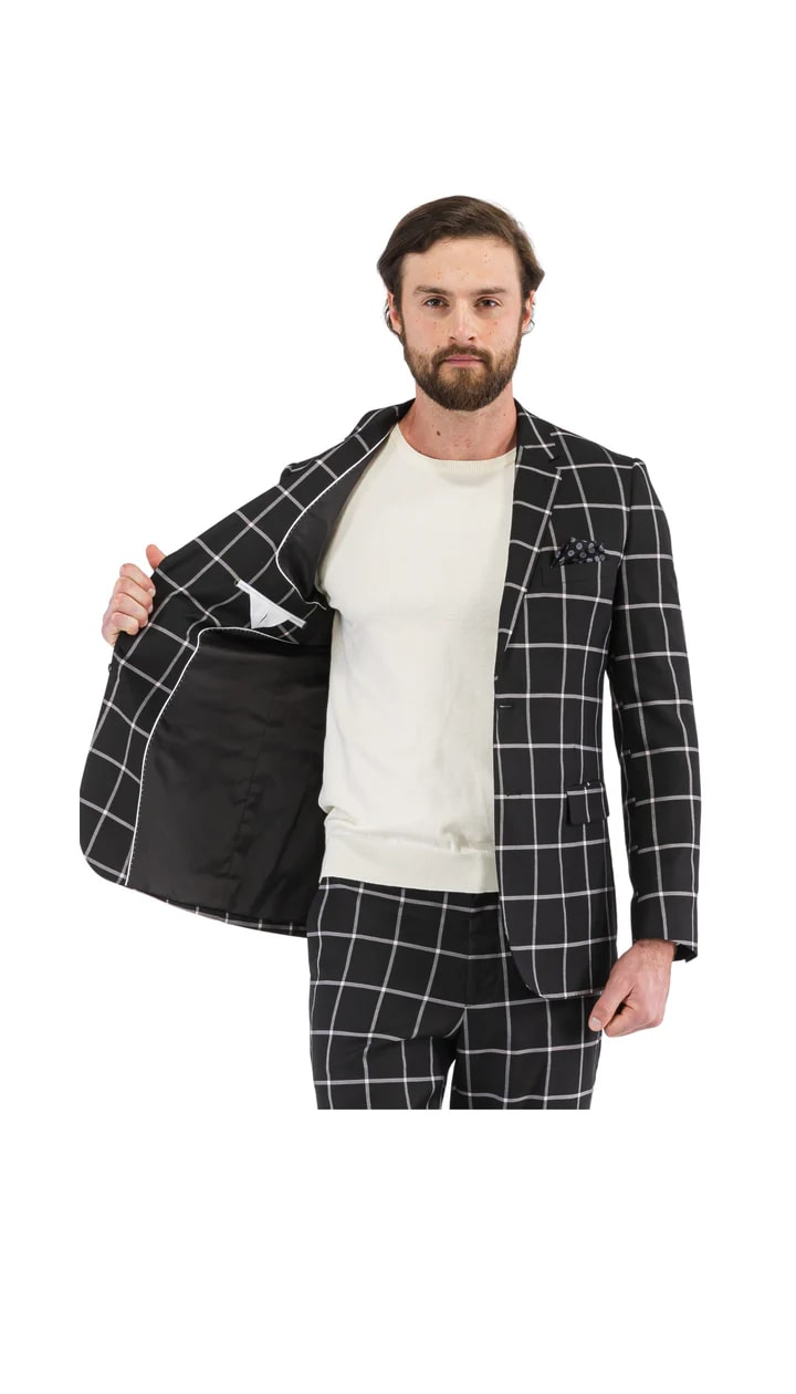 Harvy Mens Slim Fit Black Check Plaid Suit - 38 Short Jacket+32 Waist Adjustable 28to34)(Height: 5 4 to5 7 )(Neck  15-16.5)S-M)
