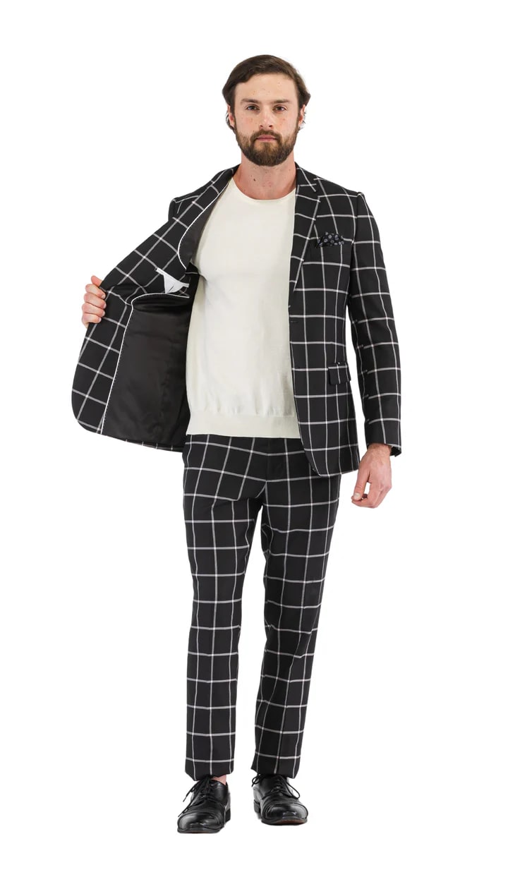 Harvy Mens Slim Fit Black Check Plaid Suit - 38 Short Jacket+32 Waist Adjustable 28to34)(Height: 5 4 to5 7 )(Neck  15-16.5)S-M)