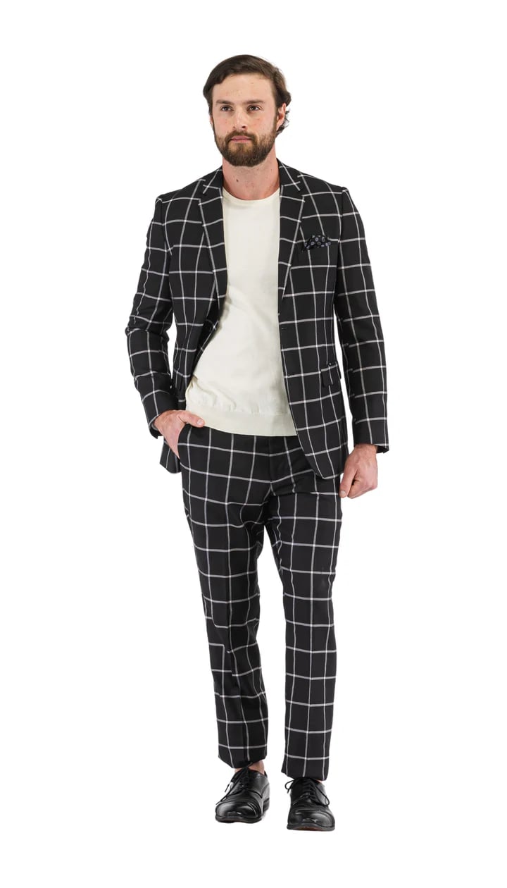 Harvy Mens Slim Fit Black Check Plaid Suit - 38 Short Jacket+32 Waist Adjustable 28to34)(Height: 5 4 to5 7 )(Neck  15-16.5)S-M)