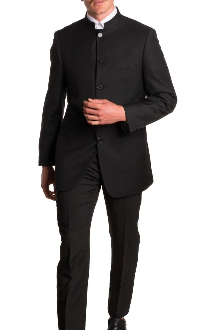 Mandarin Collar Suit - 2 Piece - Black - 38 Short Jacket+32 Waist Adjustable 28to34)(Height: 5 4 to5 7 )(Neck  15-16.5)S-M)