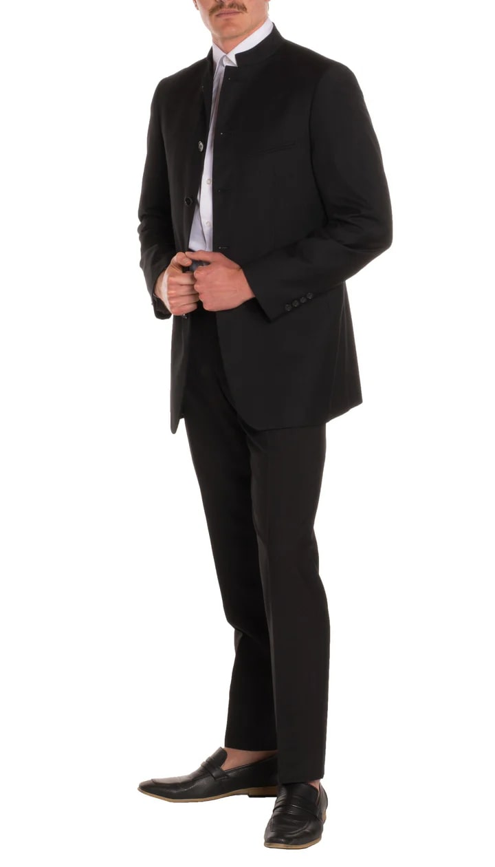 Mandarin Collar Suit - 2 Piece - Black - 38 Short Jacket+32 Waist Adjustable 28to34)(Height: 5 4 to5 7 )(Neck  15-16.5)S-M)