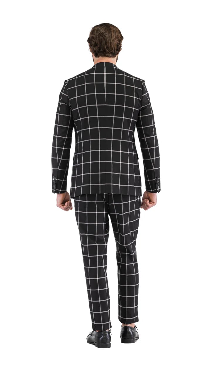 Harvy Mens Slim Fit Black Check Plaid Suit - 38 Short Jacket+32 Waist Adjustable 28to34)(Height: 5 4 to5 7 )(Neck  15-16.5)S-M)