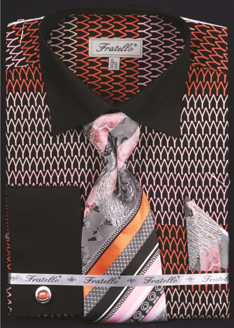 "Arch Pattern Men's French Cuff Shirt & Tie Combo - Black & Orange" - 15Â½ 33/34