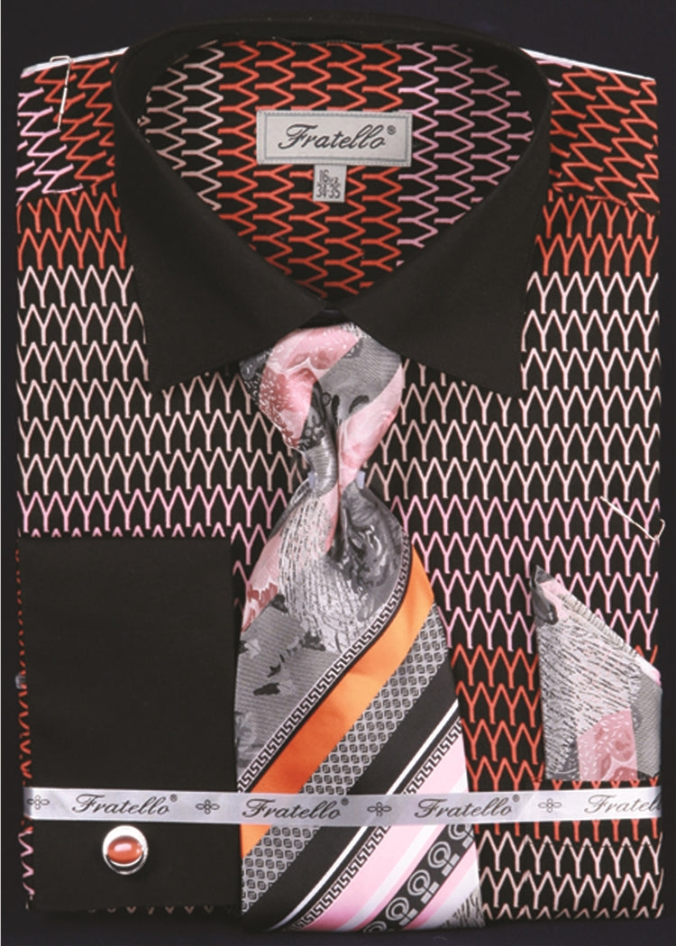 "Arch Pattern Men's French Cuff Shirt & Tie Combo - Black & Orange"