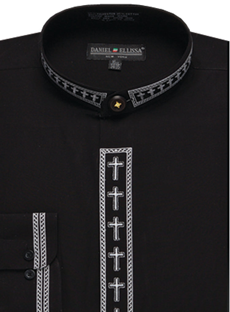 "Men's Clergy Shirt - Cross Embroidered Banded Collar Dress in Black & White" - 15Â½ 32/33
