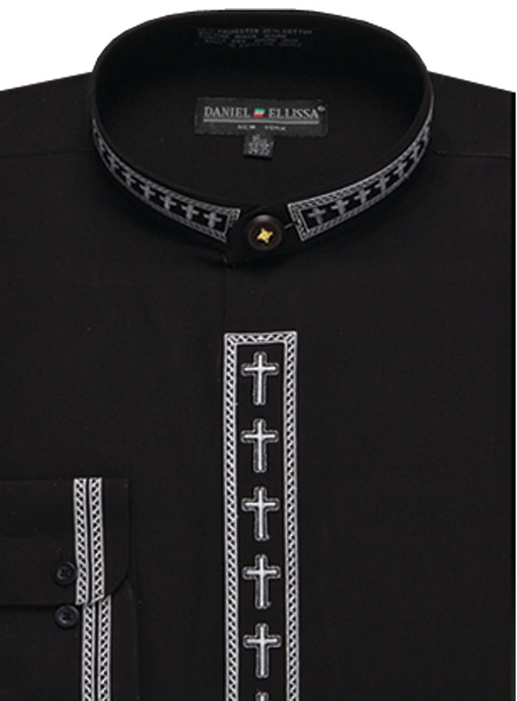 "Men's Clergy Shirt - Cross Embroidered Banded Collar Dress in Black & White"