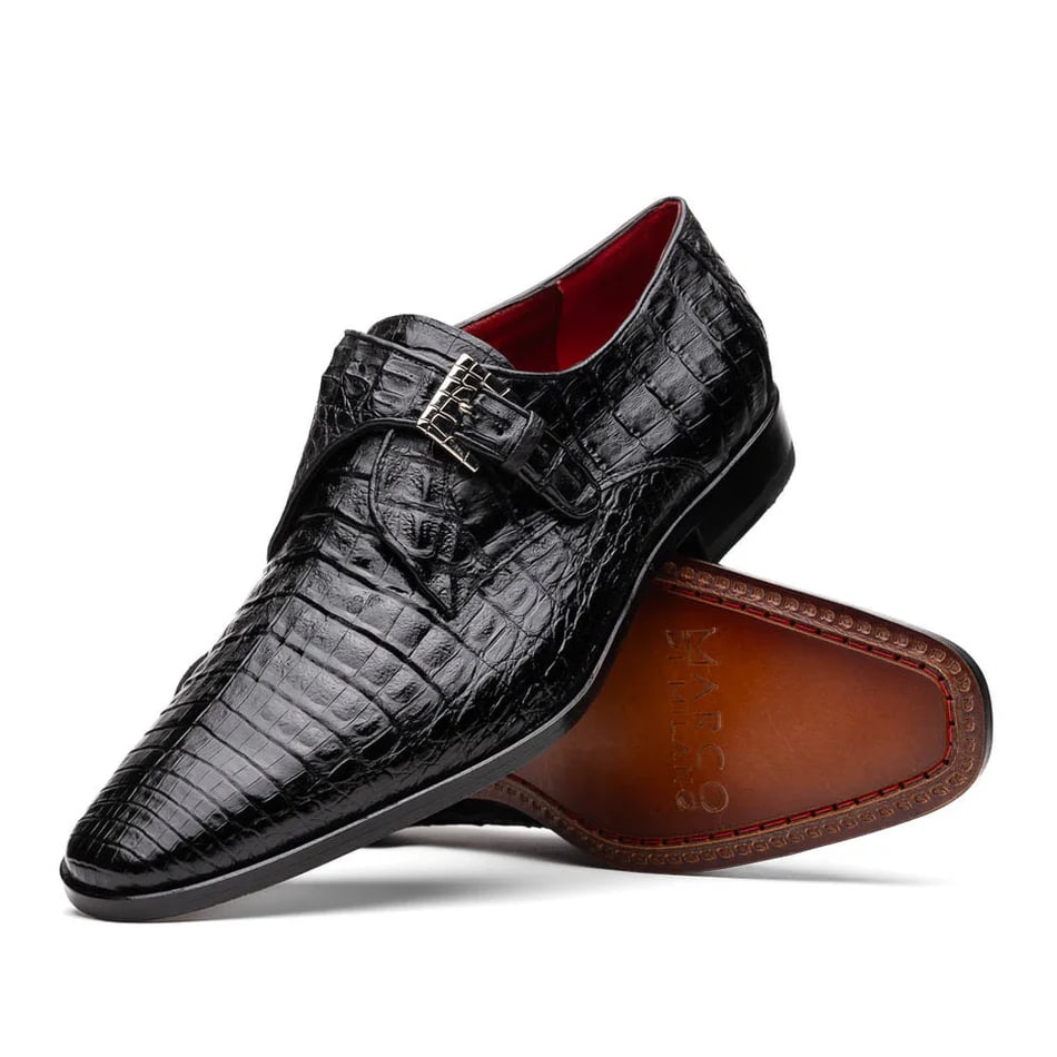 Marco Di Milano Rovigo Men' Shoes Black Genuine Caiman Crocodile Dress Single Monk-strap Loafers - 6