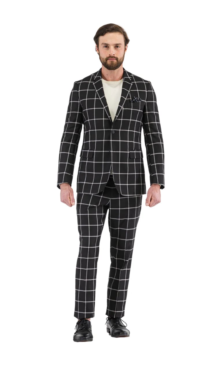 Harvy Mens Slim Fit Black Check Plaid Suit - 38 Short Jacket+32 Waist Adjustable 28to34)(Height: 5 4 to5 7 )(Neck  15-16.5)S-M)