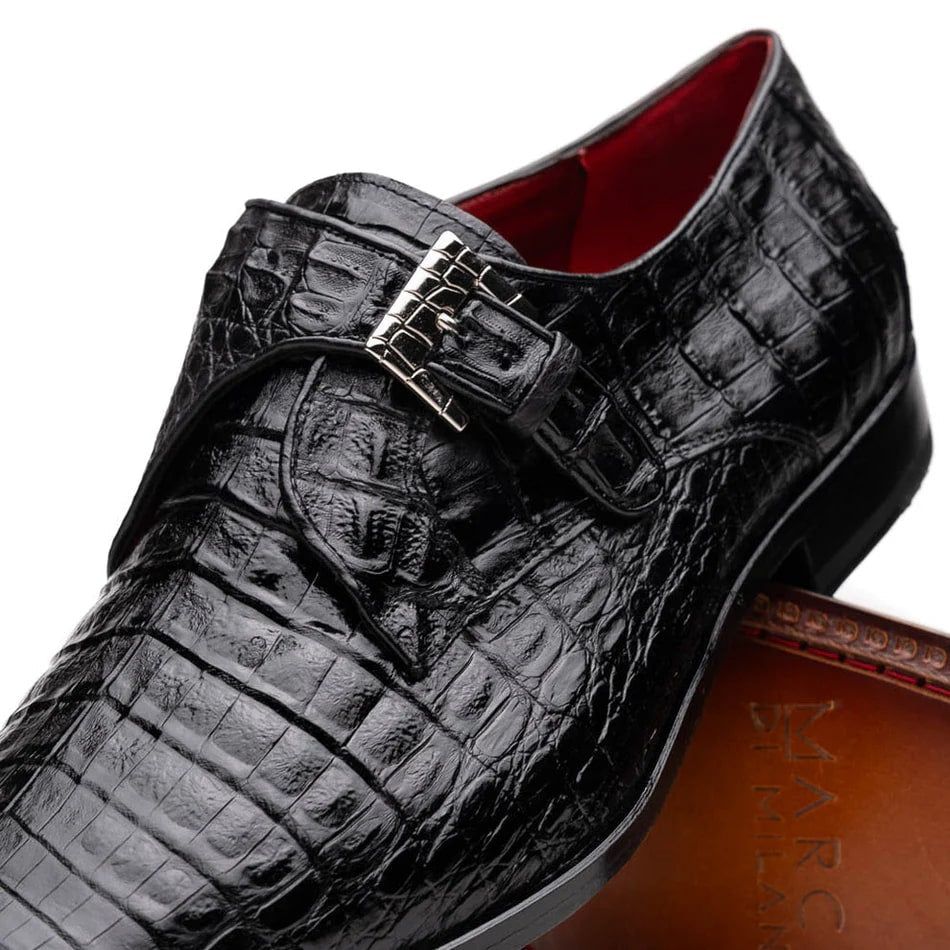 Marco Di Milano Rovigo Men' Shoes Black Genuine Caiman Crocodile Dress Single Monk-strap Loafers - 6