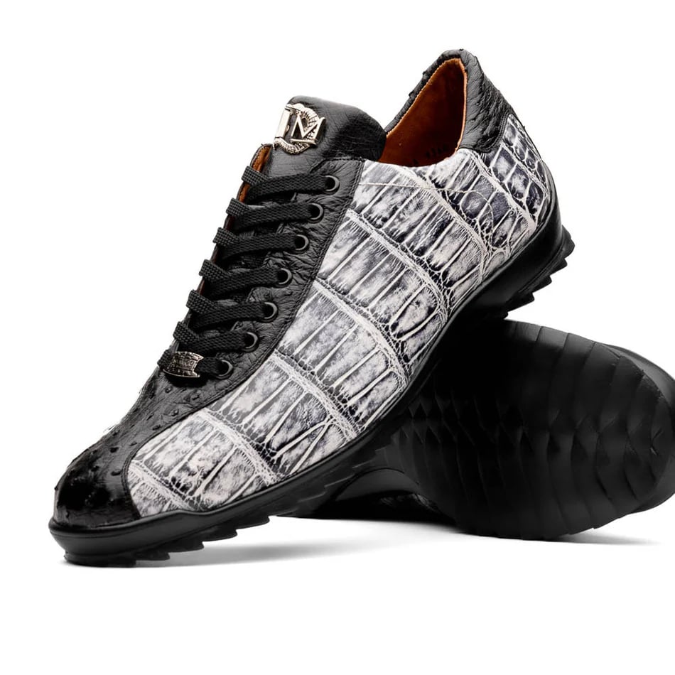 Marco Di Milano Saulo Men's Shoes Black & Newspaper Exotic Ostich / Alligator Casual Sneakers - 6