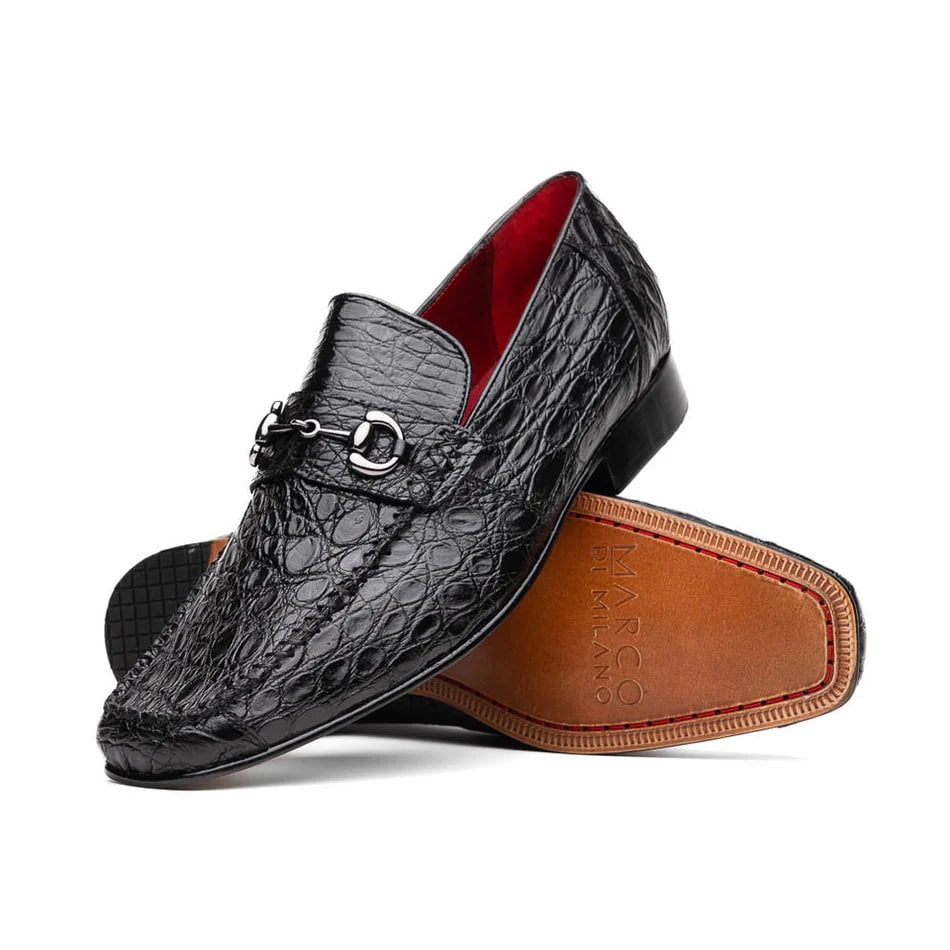 Marco Di Milano Landro Men's Shoes Black Exotic Crocodile Horsebit Loafers - 6