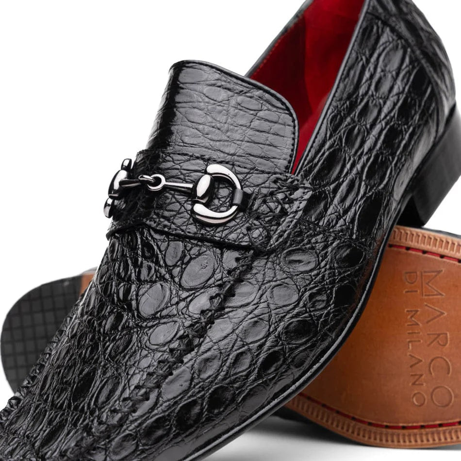 Marco Di Milano Landro Men's Shoes Black Exotic Crocodile Horsebit Loafers - 10.5
