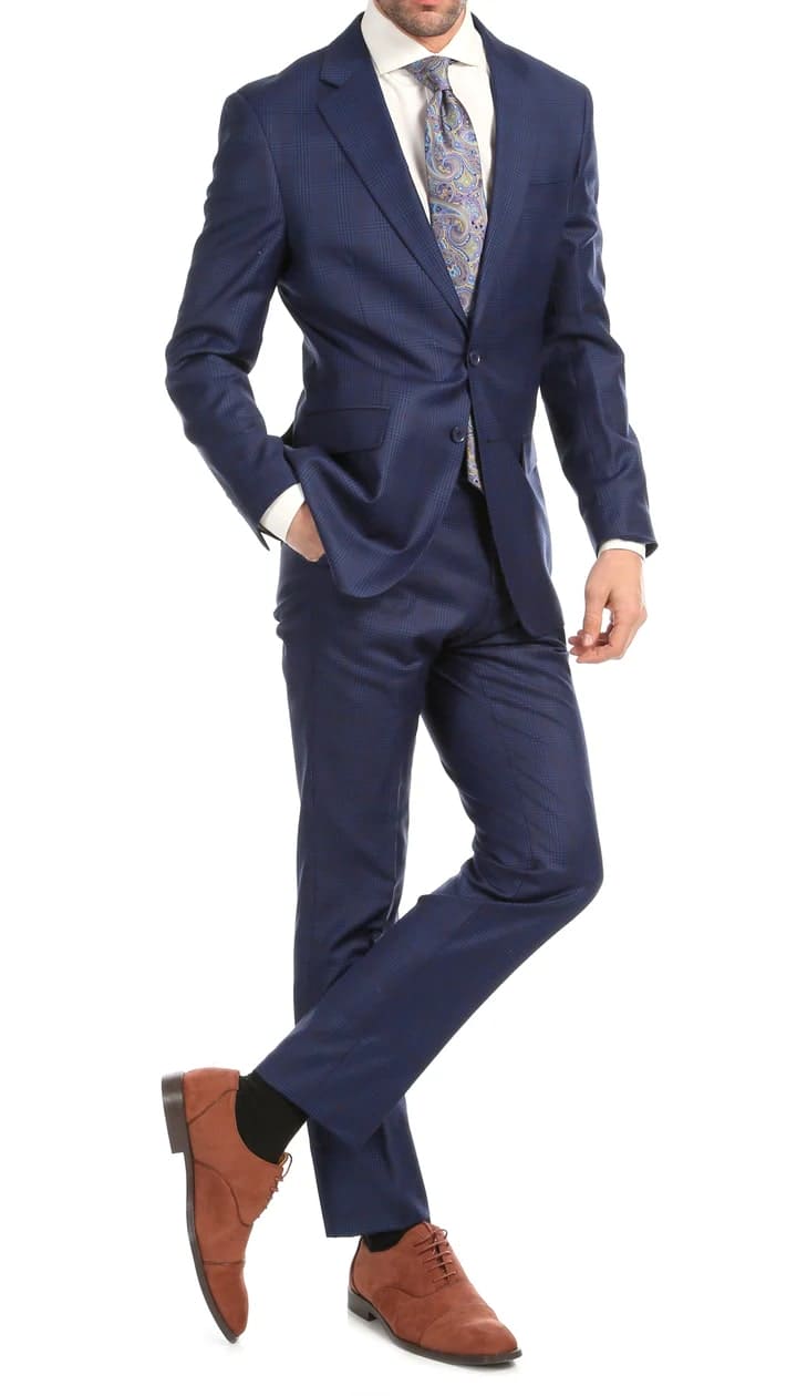 Yves Blue Plaid Check Men's Premium 2 Piece Wool Slim Fit Suit