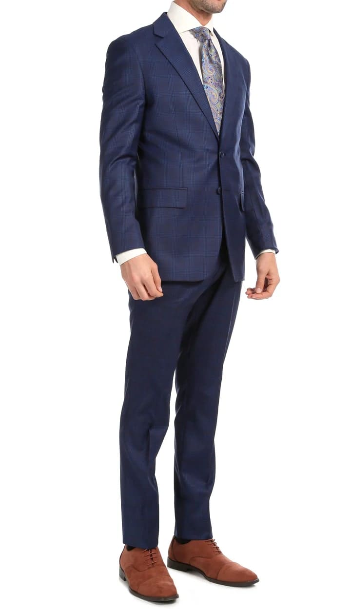 Yves Blue Plaid Check Men's Premium 2 Piece Wool Slim Fit Suit