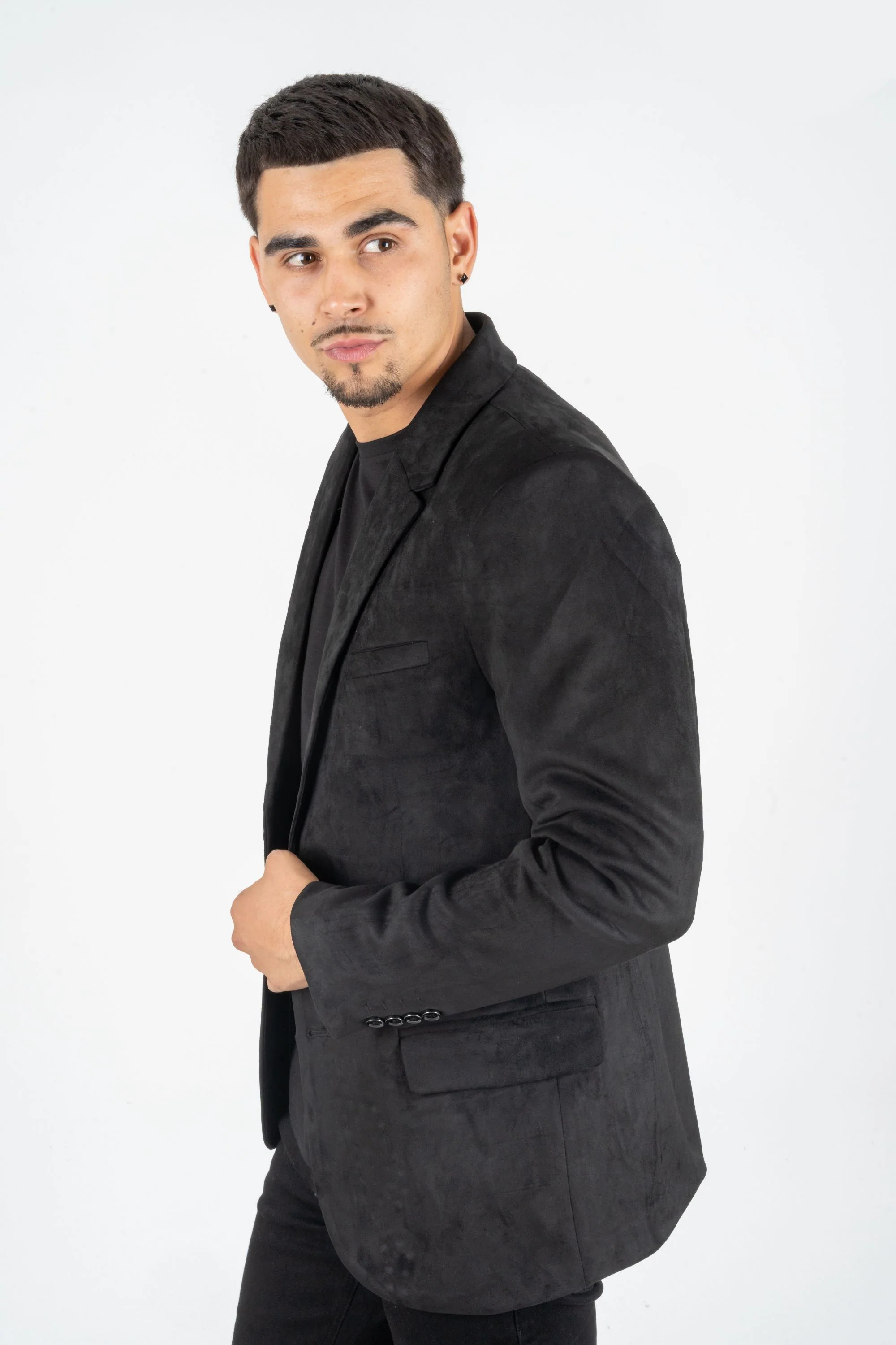 Mens Double Button Faux Suede Black Blazer - 36 Short