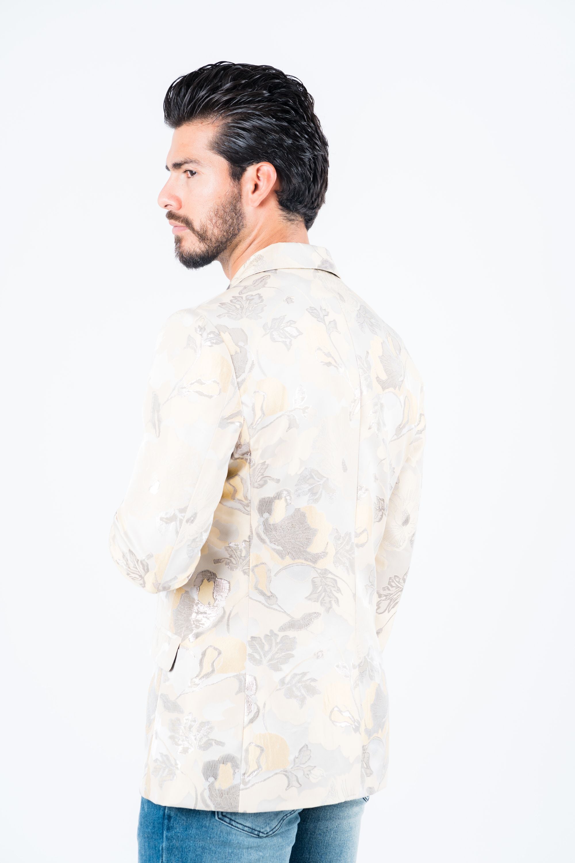 Men’s Elegant Beige Floral Print Blazer with Double Buttons - S