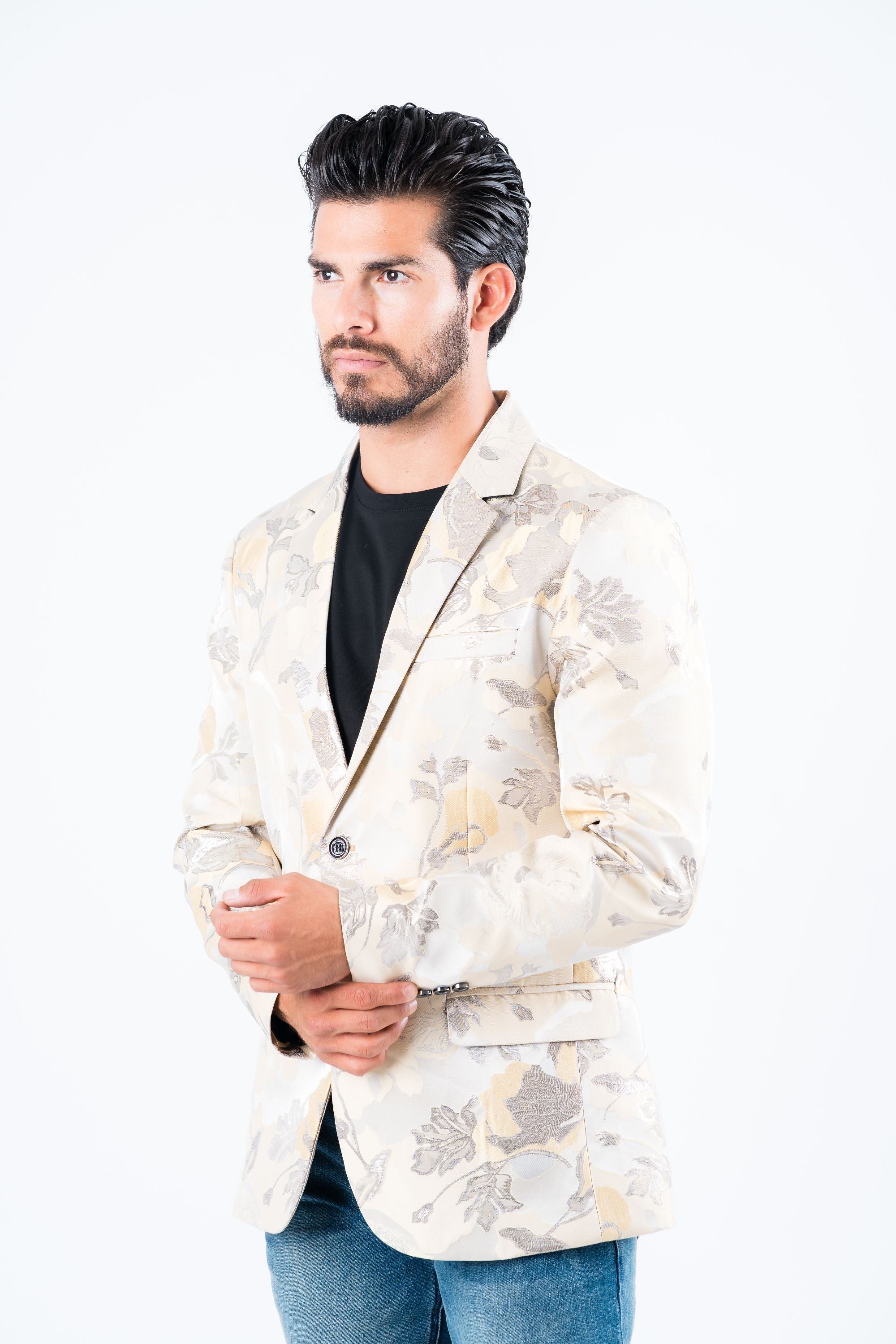 Men’s Elegant Beige Floral Print Blazer with Double Buttons - S
