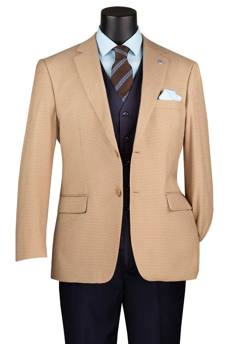 Men's Two Button Modern Fit Sport Coat Blazer in Tan Houndstooth - X-Small