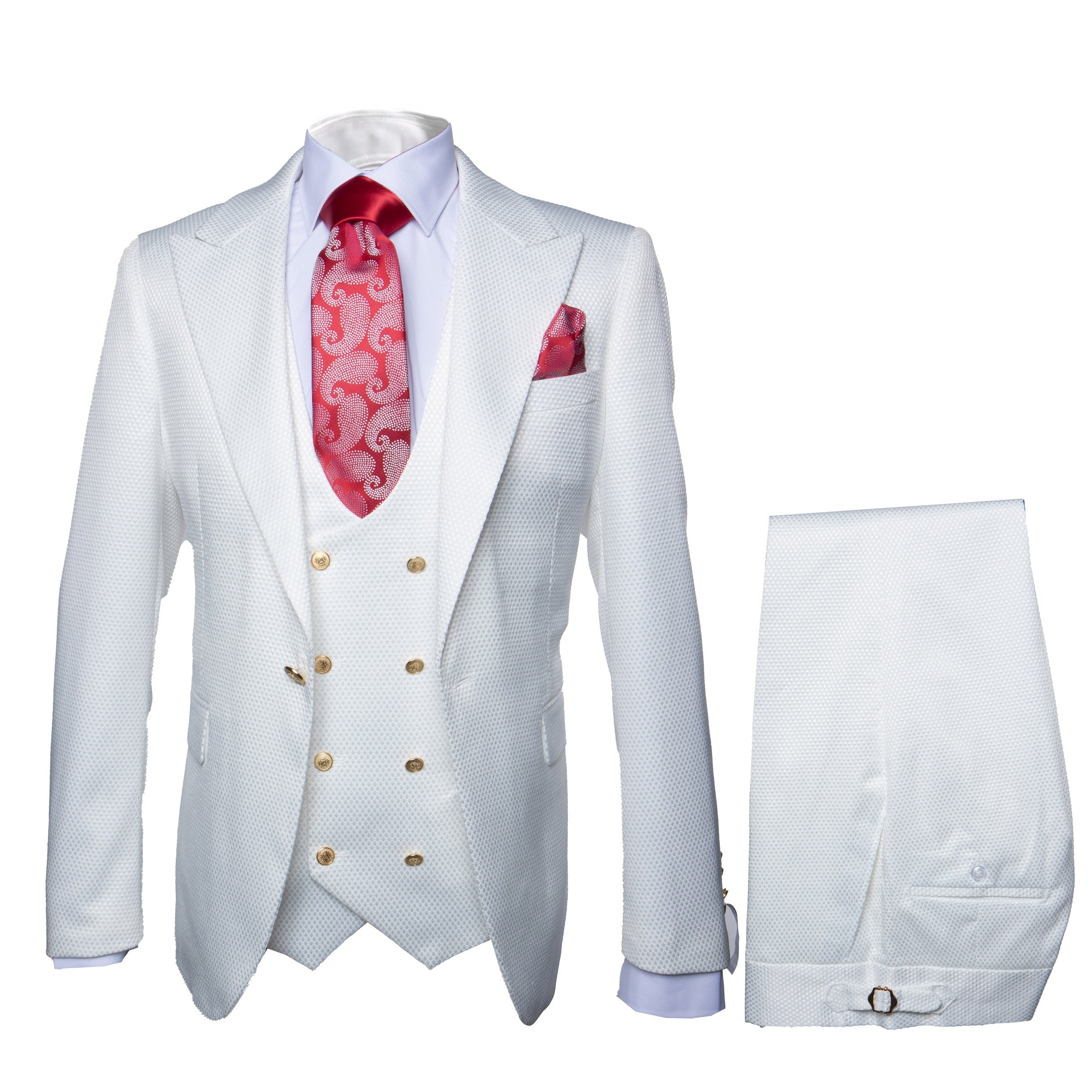 Rossi Man Slim Fit 3-Piece White Suit – Peak Lapel, Double-Breasted Vest & Flat Front Pants - 34R