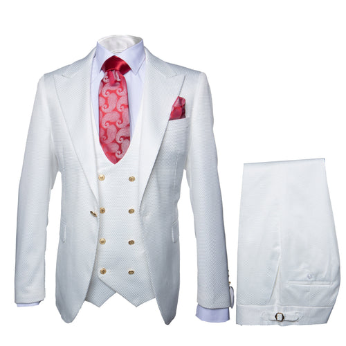 Rossi Man Slim Fit 3-Piece White Suit â€“ Peak Lapel, Double-Breasted Vest & Flat Front Pants