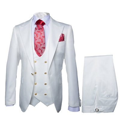 Rossi Man Slim Fit 3-Piece White Suit â€“ Peak Lapel, Double-Breasted Vest & Flat Front Pants