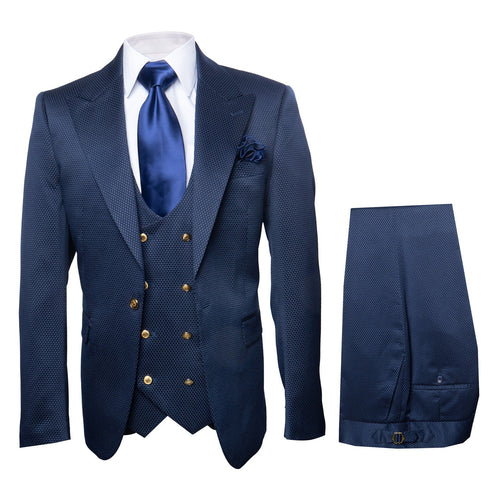 Rossi Man BOND RM1752 Slim Fit 3-Piece Navy Suit â€“ 1-Button Peak Lapel, Double-Breasted Vest & Flat Front Pants