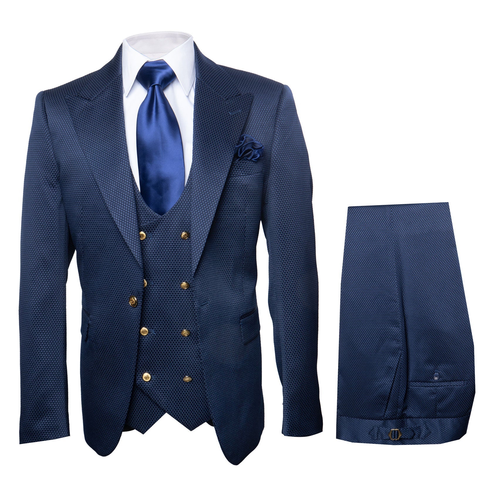 Rossi Man BOND RM1752 Slim Fit 3-Piece Navy Suit – 1-Button Peak Lapel, Double-Breasted Vest & Flat Front Pants - 34R