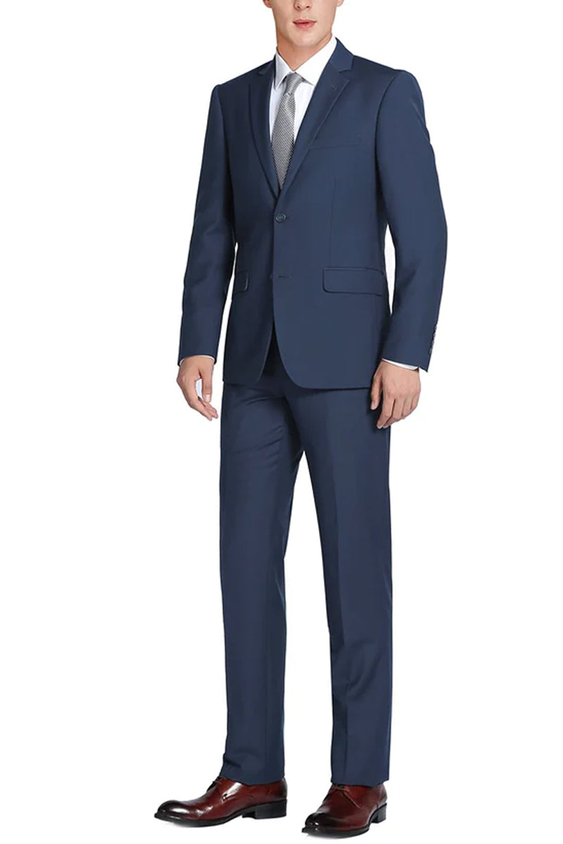 "Extra Long Two Button Men's Suit - Navy Blue, Basic Style"