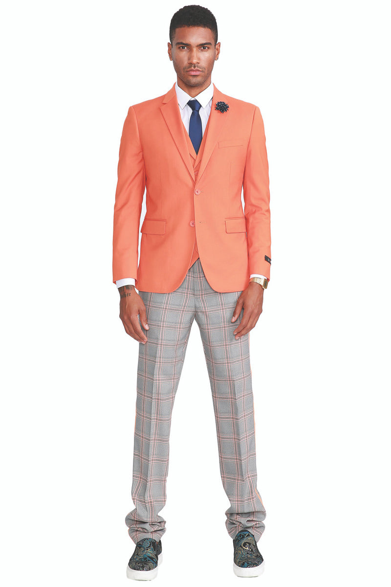 "Orange Men's Summer Suit with Two Button Vest & Grey Plaid Pants"