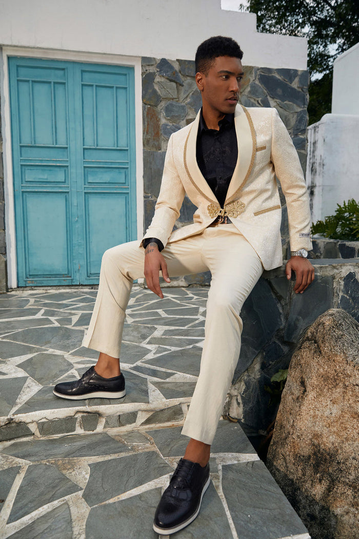 "Stacy Adams Men's Paisley Wedding Tuxedo Jacket - Ivory & Gold"