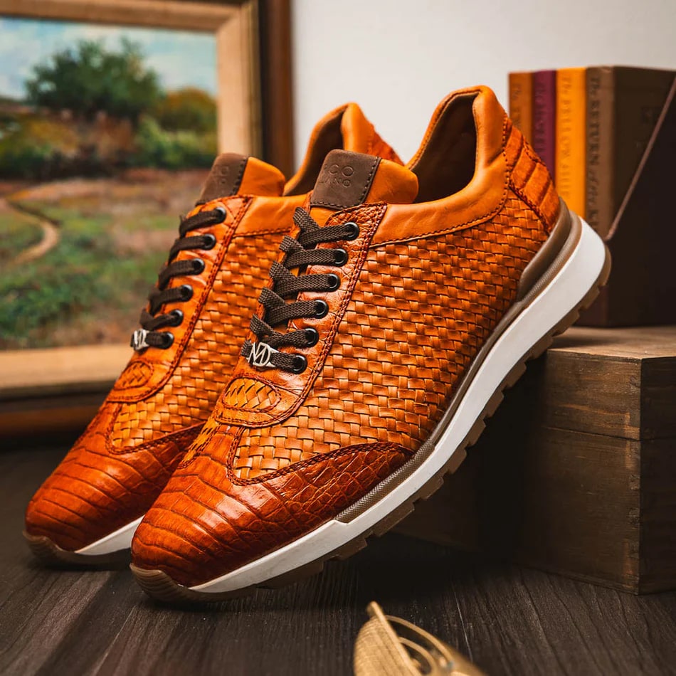 Marco Di Milano Roma Men's Shoes Brandy Exotic Crocodile / Woven Leather Casual Sneakers - 6