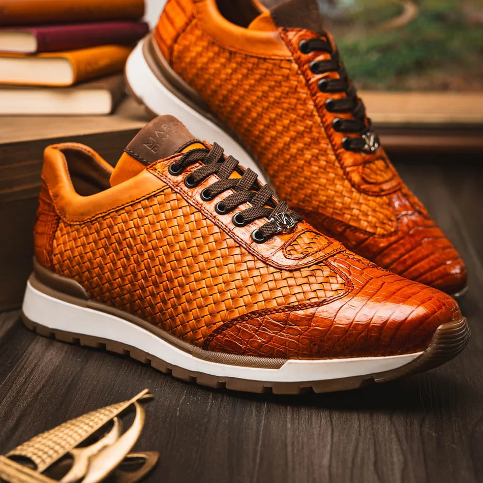 Marco Di Milano Roma Men's Shoes Brandy Exotic Crocodile / Woven Leather Casual Sneakers - 6