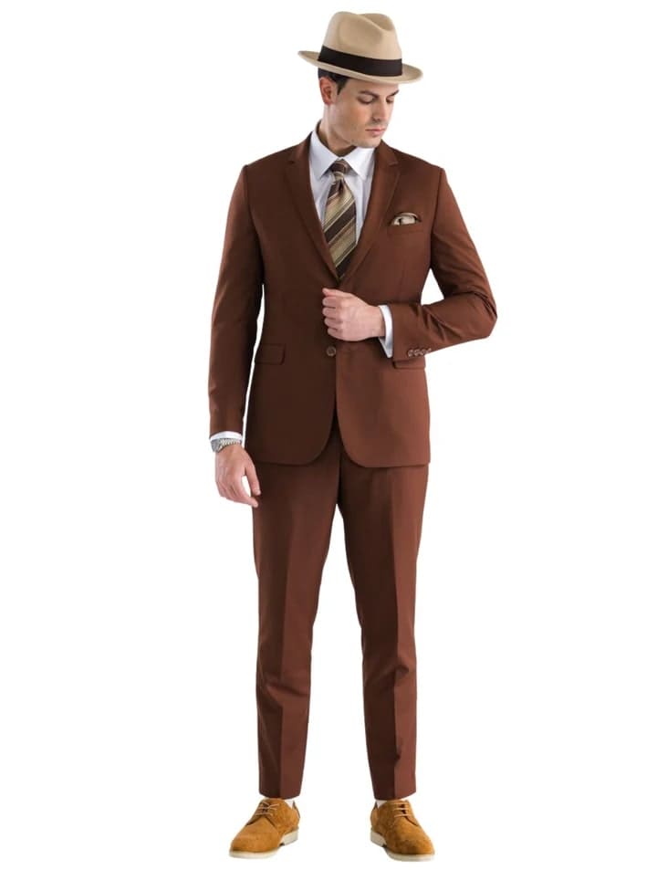 Oslo Brown Slim Fit Notch Lapel 2 Piece Suit - 38 Short Jacket+32 Waist Adjustable 28to34)(Height: 5 4 to5 7 )(Neck  15-16.5)S-M)