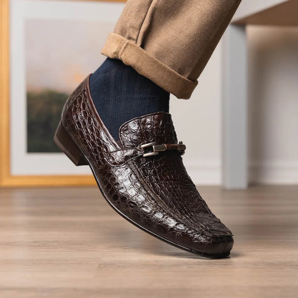 Marco Di Milano Fabro Men's Shoes Brown Exotic Crocodile Horsebit Loafers - 8