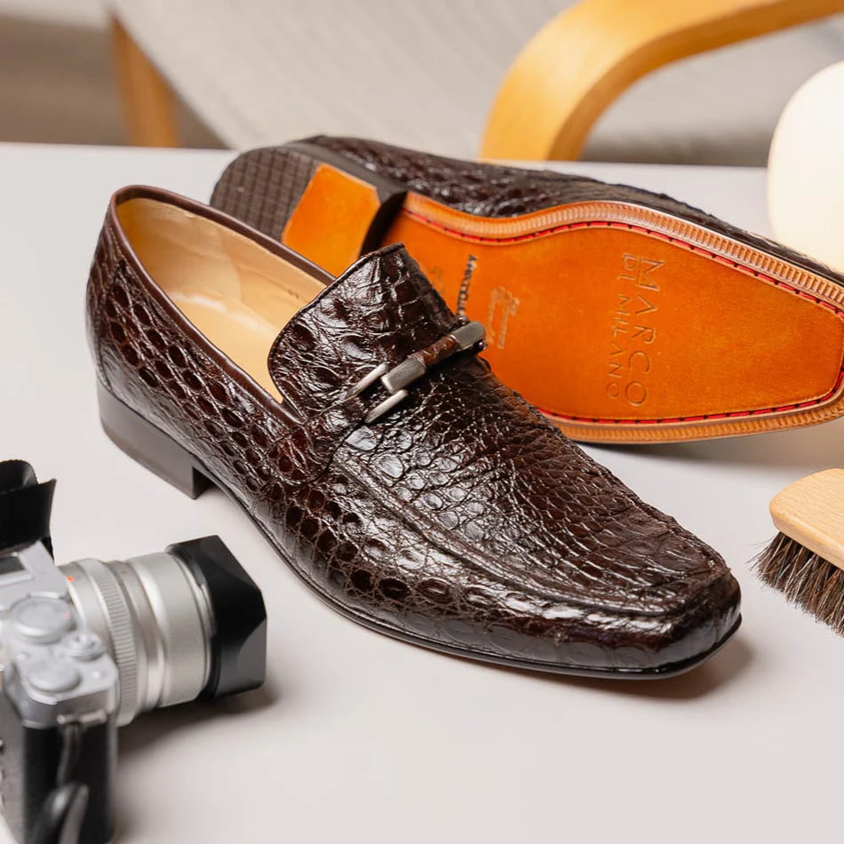 Marco Di Milano Fabro Men's Shoes Brown Exotic Crocodile Horsebit Loafers - 8