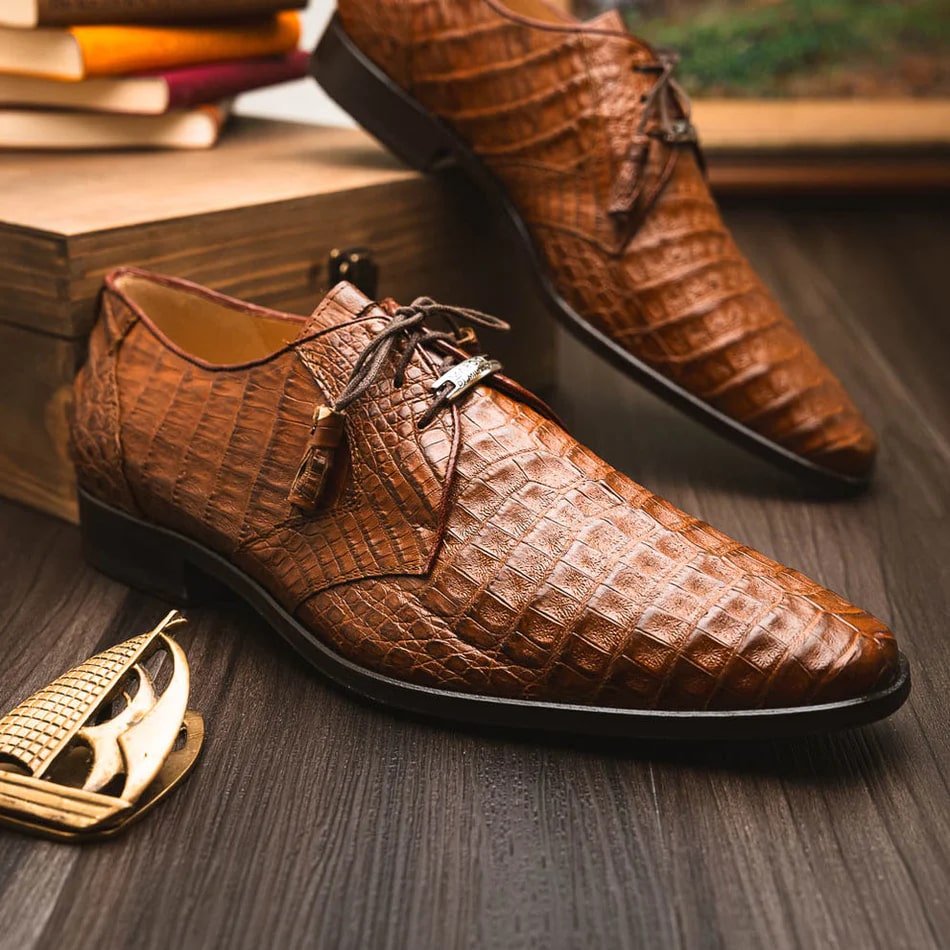 Marco Di Milano Lacio Men's Shoes Bay Apache Brown Genuine Caiman Crocodile Dress Derby Oxfords - 8