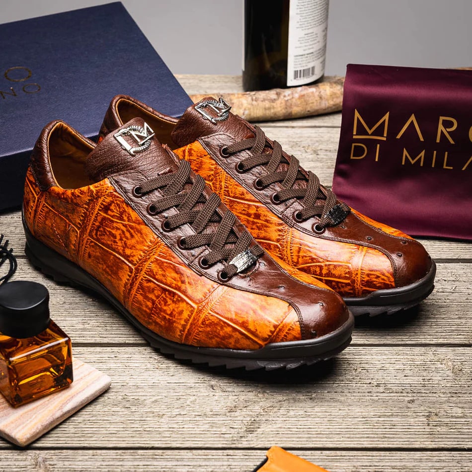 Marco Di Milano Saulo Men's Shoes Brandy & Brown Exotic Ostich / Alligator Casual Sneakers - 6