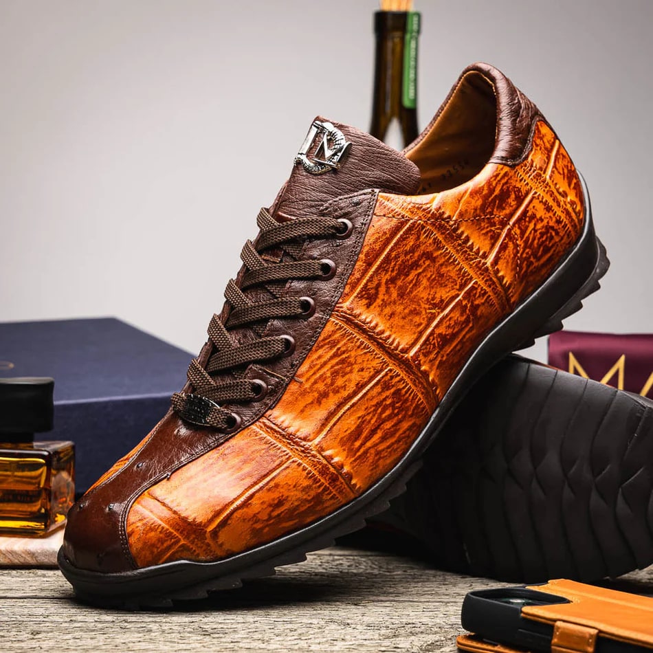 Marco Di Milano Saulo Men's Shoes Brandy & Brown Exotic Ostich / Alligator Casual Sneakers - 6