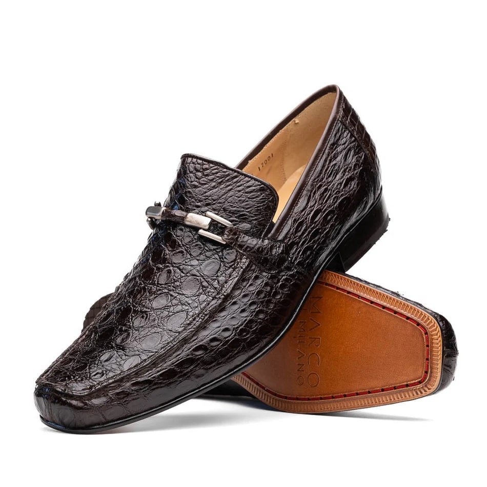 Marco Di Milano Fabro Men's Shoes Brown Exotic Crocodile Horsebit Loafers - 6