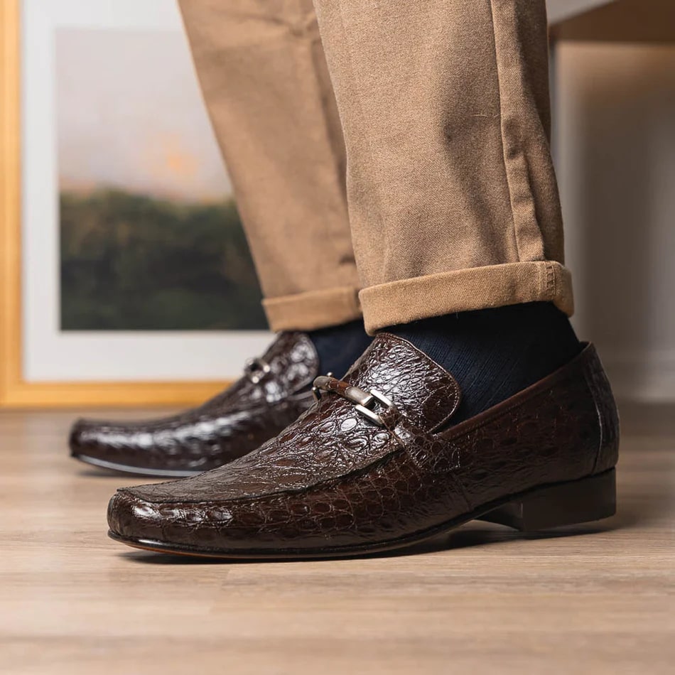 Marco Di Milano Fabro Men's Shoes Brown Exotic Crocodile Horsebit Loafers - 8