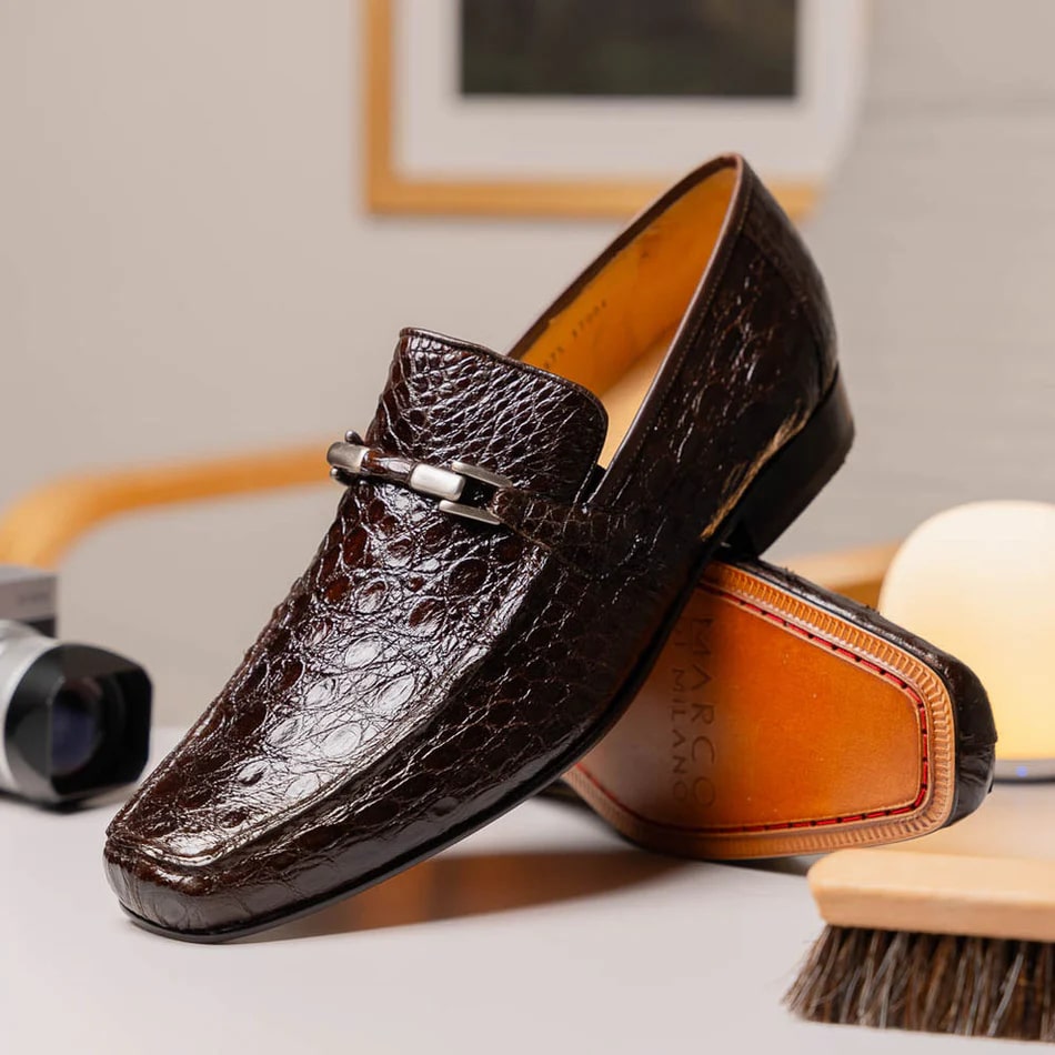 Marco Di Milano Fabro Men's Shoes Brown Exotic Crocodile Horsebit Loafers - 8