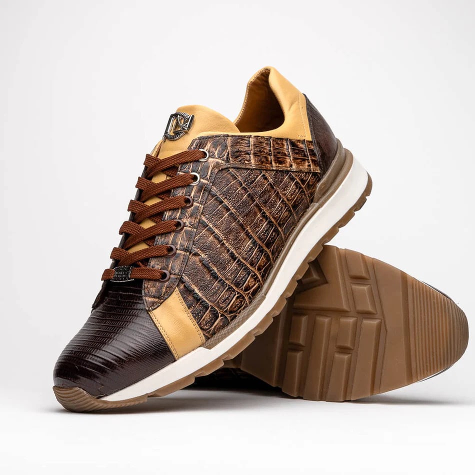 Marco Di Milano Portici Men's Shoes Orix & Brown Exotic Lizard / Crocodile Casual Sneakers - 6