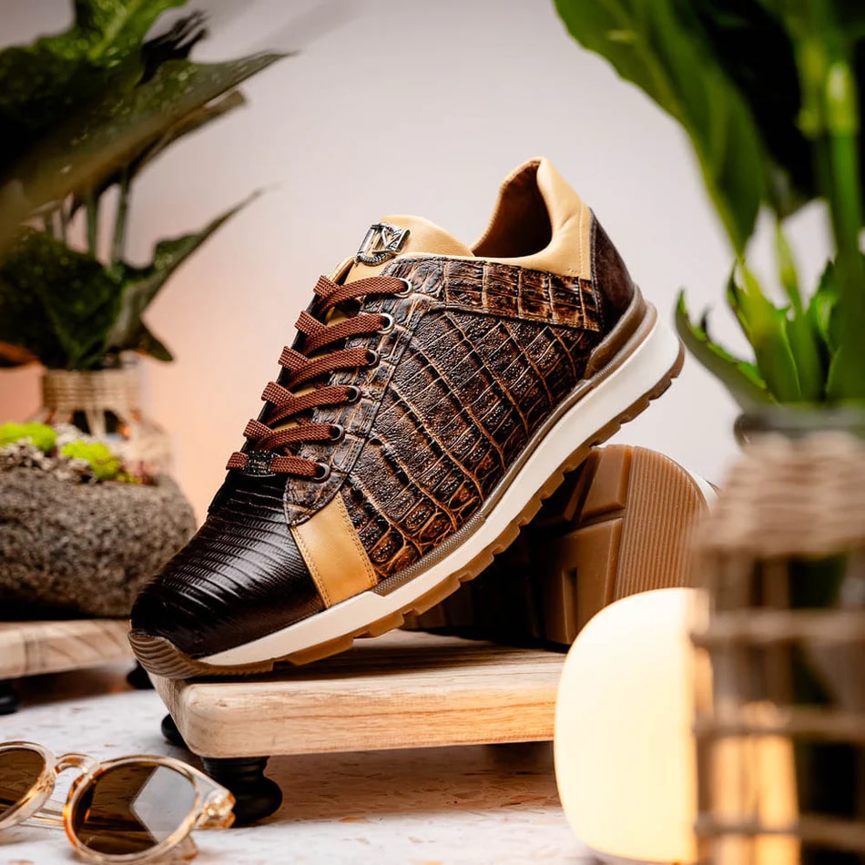 Marco Di Milano Portici Men's Shoes Orix & Brown Exotic Lizard / Crocodile Casual Sneakers - 6