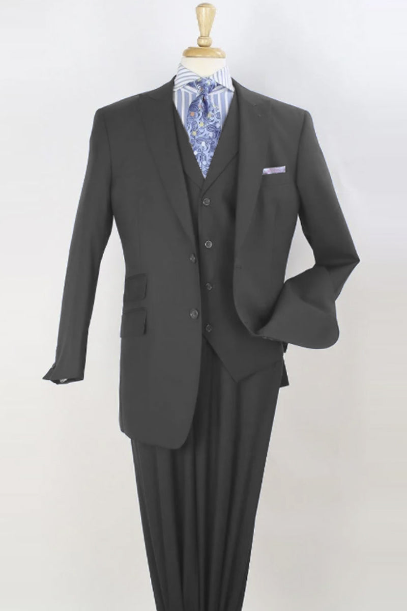"Super 150's Merino Wool Vested Suit - Mens Charcoal Grey Wide Peak Lapel"