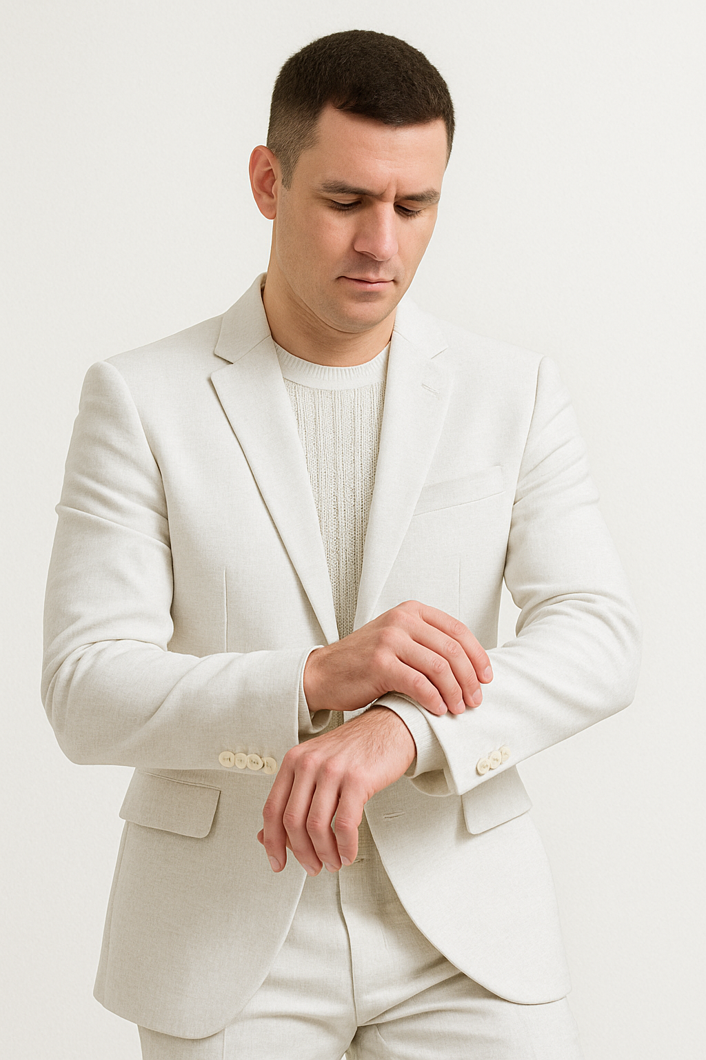 Mens Two Piece Linen Suit Relaxed Hybrid Fit No Collar - 34 Short or Extra Small