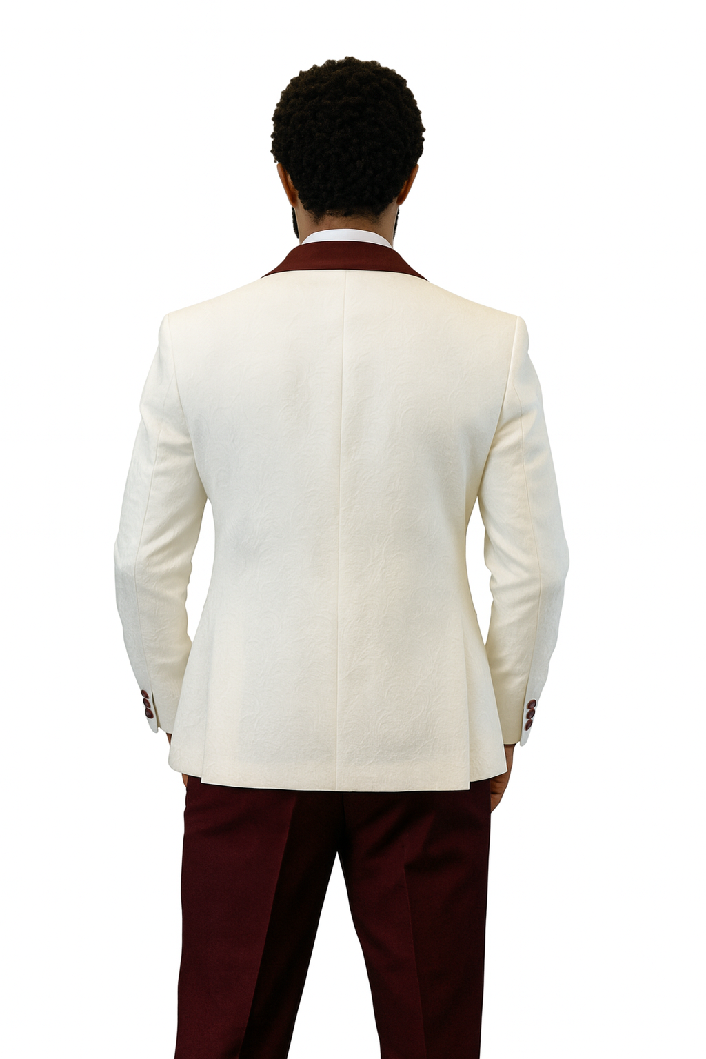 Hilton White and Burgundy Paisley Peak Lapel Tuxedo Jacket with Matching Shawl Vest and Wool Pants – Includes Bow Tie - 34 Short or Extra Small