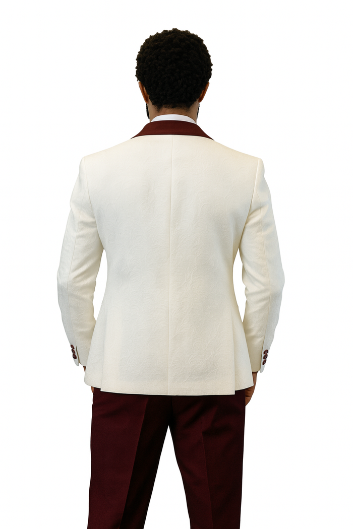 Hilton White and Burgundy Paisley Peak Lapel Tuxedo Jacket with Matching Shawl Vest and Wool Pants Includes Bow Tie