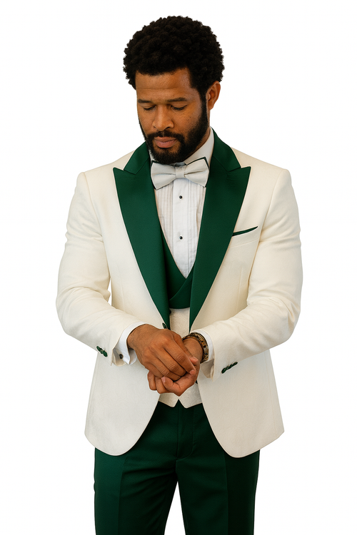 Hilton White and Hunter Green Paisley Peak Lapel Tuxedo Jacket with Matching Shawl Vest and Wool Pants Includes Bow Tie
